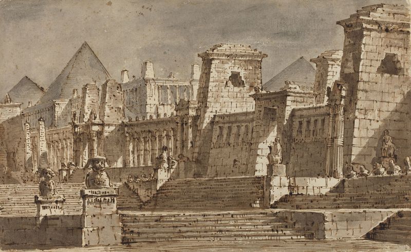 An Egyptian Stage Design de Pietro Gonzaga, con jeroglíficos y arquitectura en un medio desconocido.