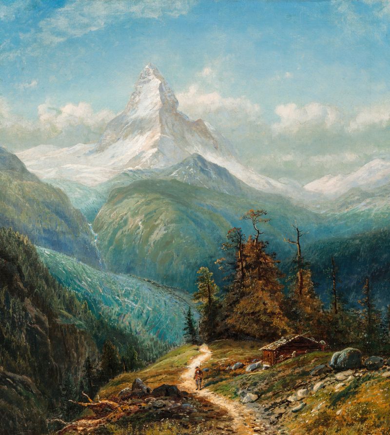 The Matterhorn by Edmund Darch Lewis, oil painting depicting a mountain landscape under a bright sky.