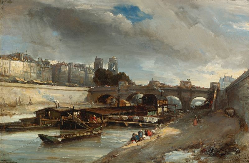 Bateau-Lavoir Près Du Pont-Neuf, Paris de Johan Barthold Jongkind, óleo que muestra el Sena y un puente.
