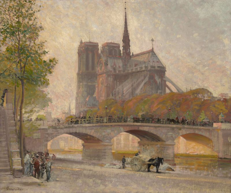 Notre Dame de Paris de Robert William Vonnoh, óleo sobre lienzo que representa un paisaje sereno de catedral.
