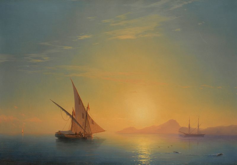 Sunset Over Ischia de Ivan Aivazovsky, óleo sobre lienzo que representa un atardecer sobre el mar.