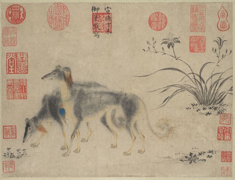 Dos galgos salukis en papel de Zhu Zhanji, mostrando pelaje rico y expresiones suaves.