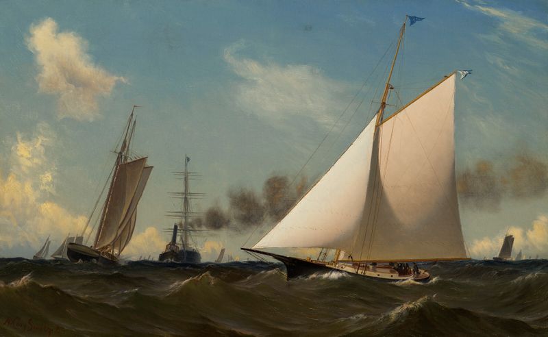 Racing Yacht Cygnet de Archibald Cary Smith, impressionismo, um iate em águas azuis
