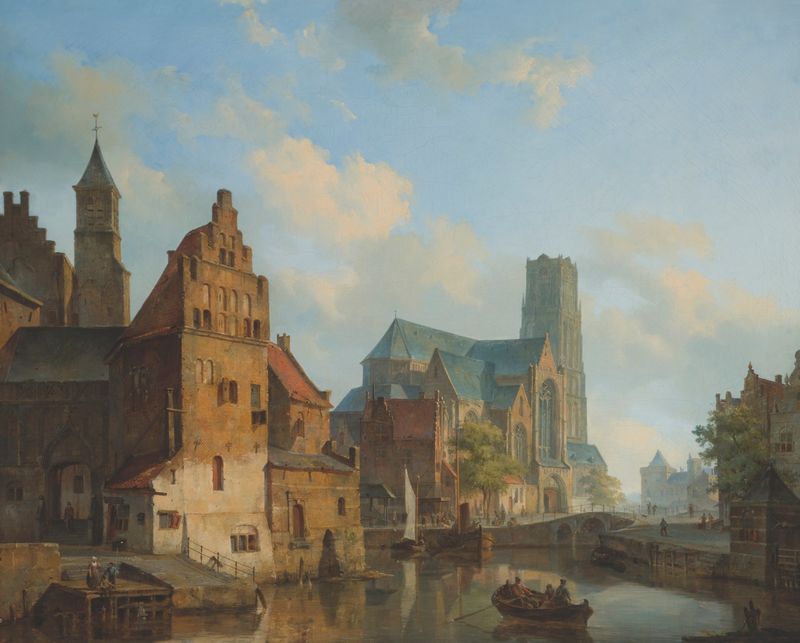 A landscape showing the Delftse Vaart and St Laurens Church by Cornelis Springer, oil painting