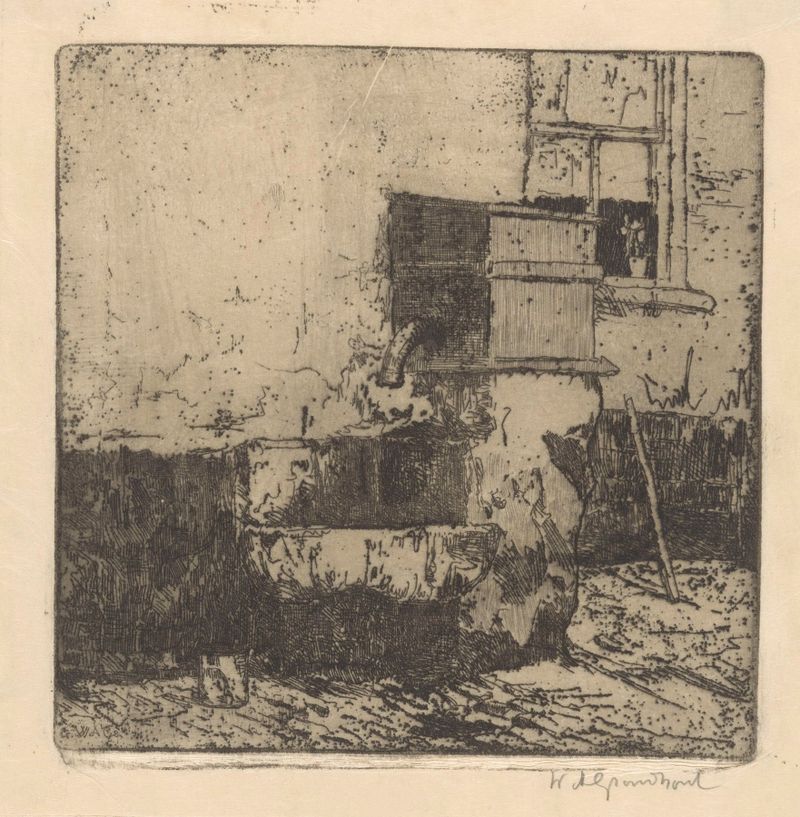 Pintura al óleo de paisaje de Willem Adrianus Grondhout con una casa, bomba de agua y jardín exuberante