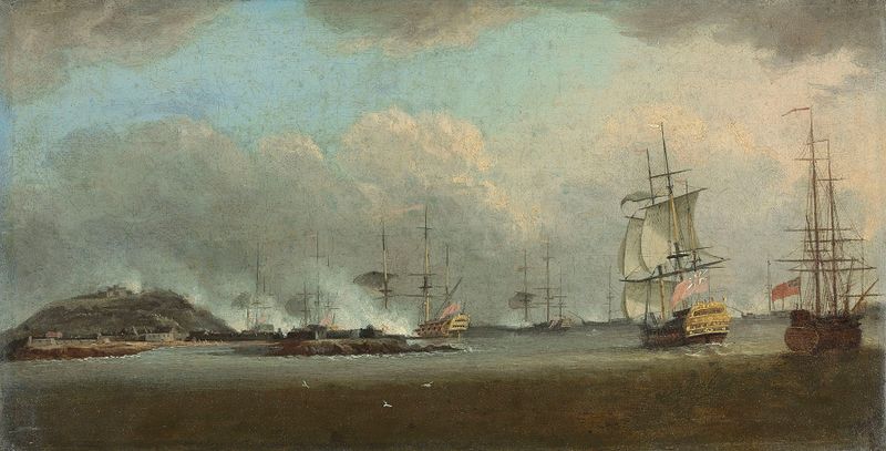 Historical oil painting by Dominic Serres depicting a naval battle at Gorée