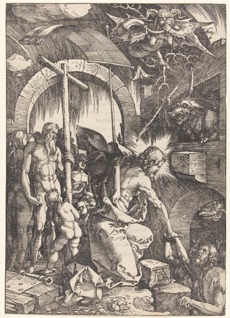 Grabado de Albrecht Dürer que muestra figuras descendiendo por un camino en un paisaje.