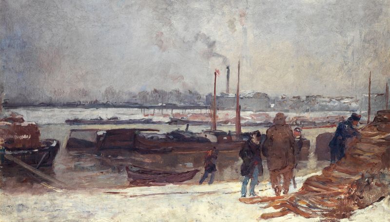 Aquarela de Auguste Louis Lepère retratando uma cena nevada ao longo do Sena