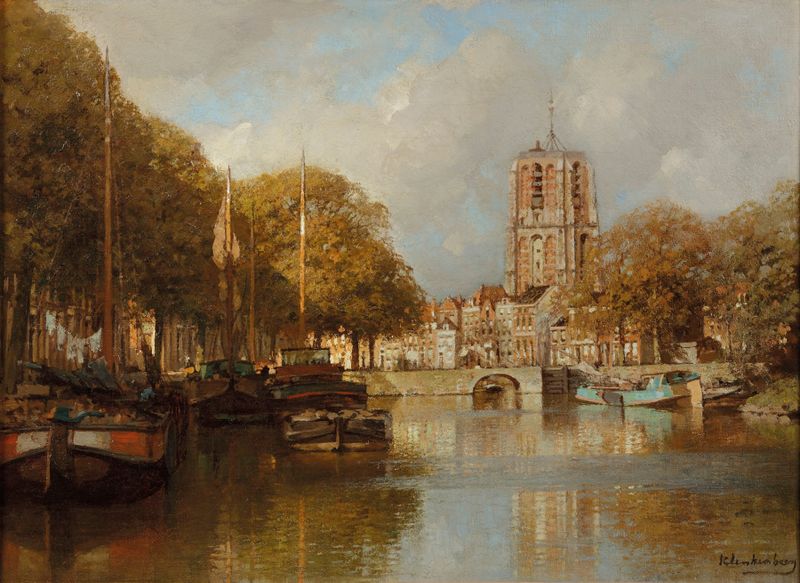 Landscape with a village and river, oil on canvas by Johannes Christiaan Karel Klinkenberg