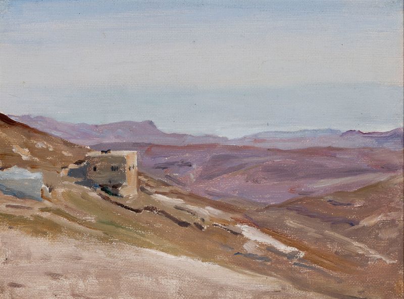 Paisagem do Mar Morto por Jan Ciągliński, 1901, apresentando terra árida e céu vasto.