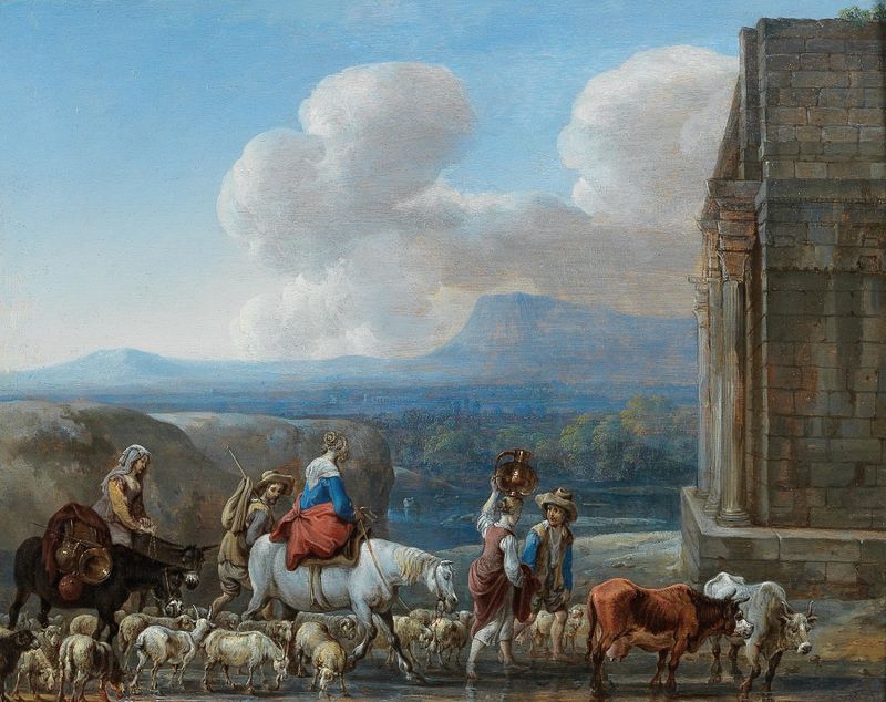 Shepherds and travellers by a triumphal arch in the Roman Campagna, óleo sobre tela de Jan van den Hecke