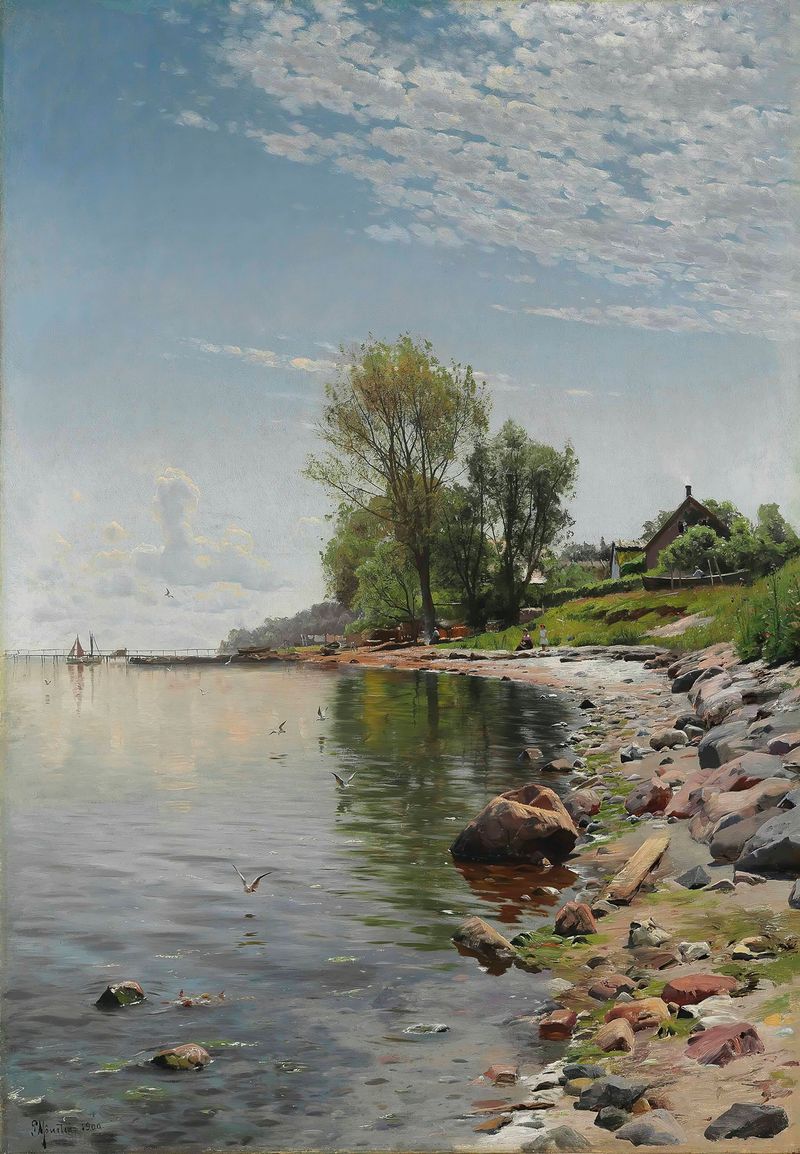 Coastal View by Peder Mørk Mønsted, oil on canvas depicting a sunset over gentle waves