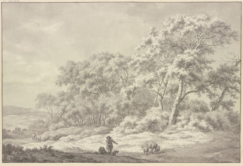 Oil painting by Franciscus Andreas Milatz depicting a forest scene with sheep, two shepherds, and a dog.