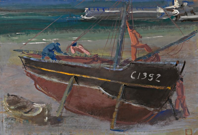 Moored Boat by Alexandre Jacovleff, realism, depicting a solitary boat on calm waters.