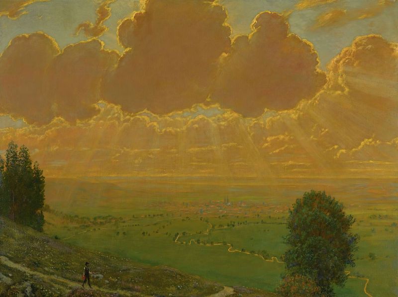 Sunburst Over Säckingen by Hans Thoma, oil painting depicting a vibrant sunrise over a tranquil forest