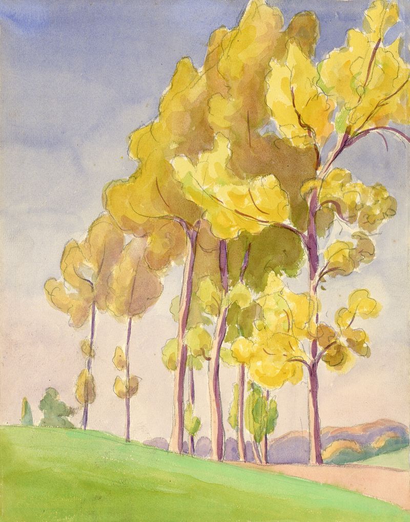 Landscape watercolor by Albert Daenens depicting soft hues and shadows.