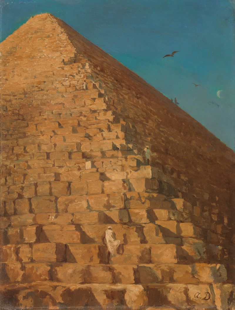 Oil painting by Adrien Dauzats depicting the Great Pyramid in a desert landscape.
