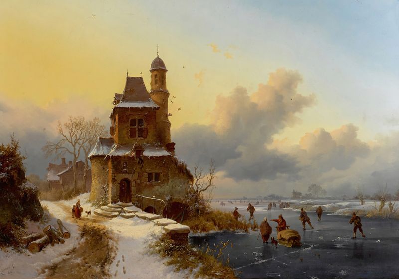 Winter landscape with skaters on a frozen pond by Frederik Marinus Kruseman, oil painting