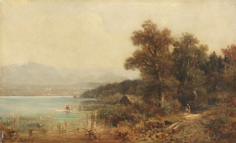 Oberbayrische Seelandschaft by Ludwig Sckell, oil on canvas depicting a tranquil lake and sunlight.