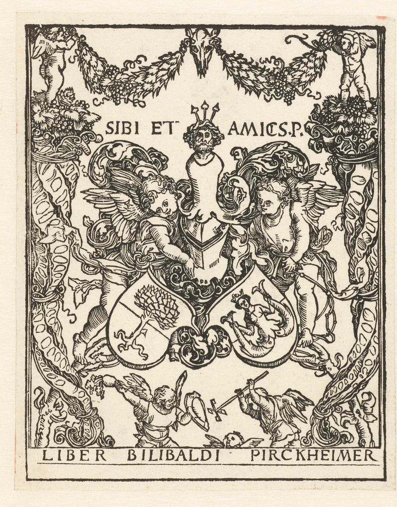 Ex libris Willibald Pirckheimer, grabado de Albrecht Dürer, que representa a un erudito con libros y pergaminos.