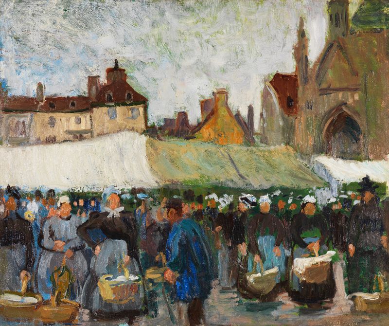 Marché à Falaise, óleo sobre lienzo de Raoul Dufy, que representa una animada escena de mercado.