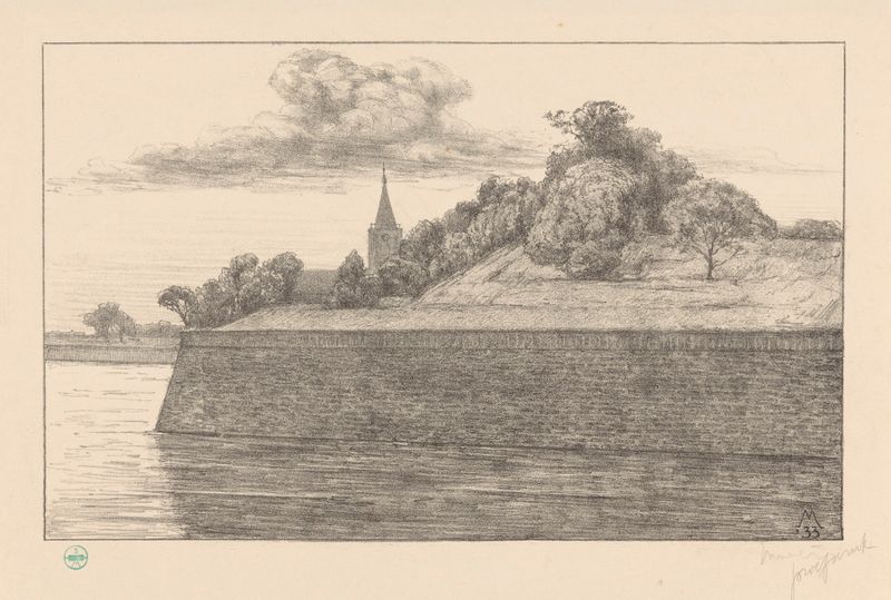 Gezicht op bastion Promers de Simon Moulijn, óleo sobre lienzo que representa un bastión en un paisaje vibrante.
