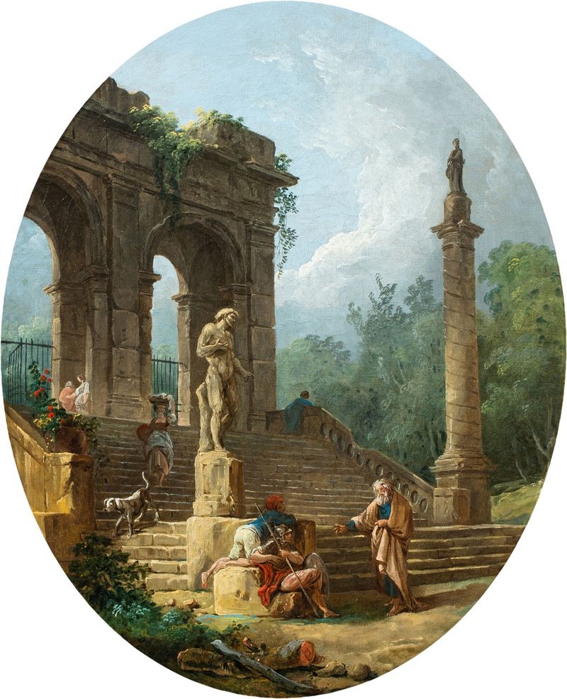 Óleo sobre lienzo de Hubert Robert que muestra un arcade clásico con figuras conversando ante una estatua.