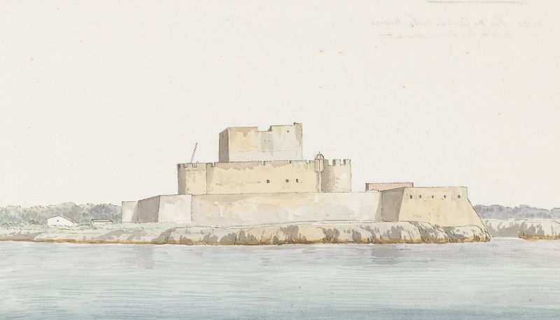 Watercolour by Abraham-Louis-Rodolphe Ducros depicting a castle by the sea.