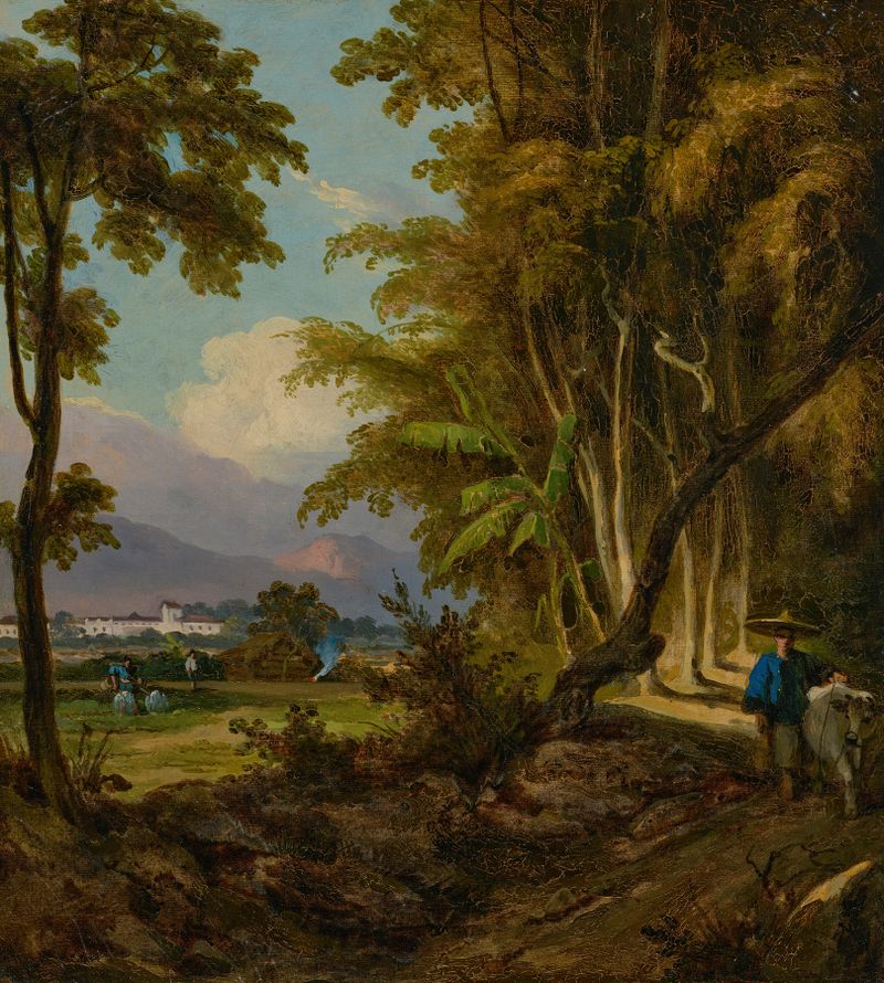 Oil painting by George Chinnery depicting a herdsman walking along a track in Macau.
