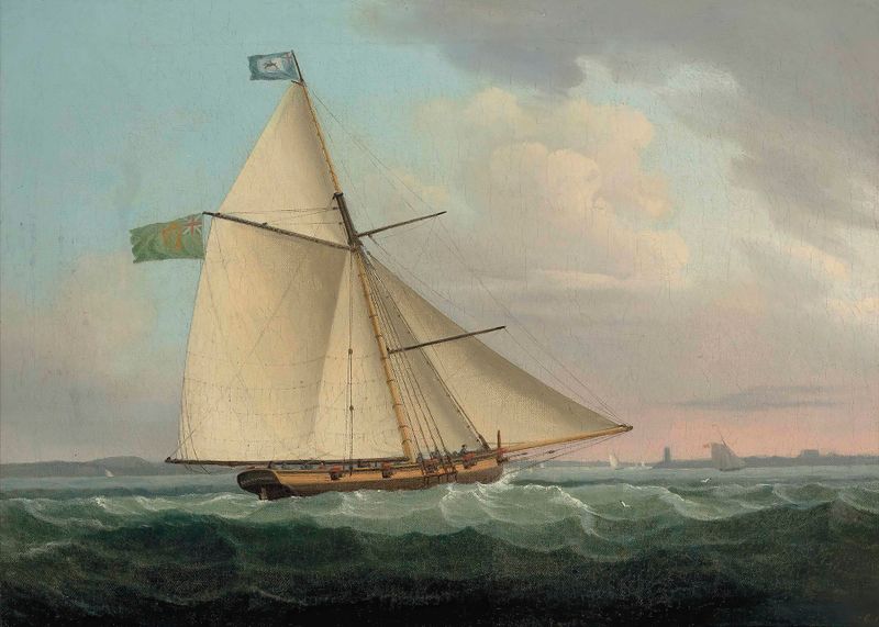 Marine scene with the ship Earl Of Leicester, 10 guns, by Thomas Whitcombe, oil painting