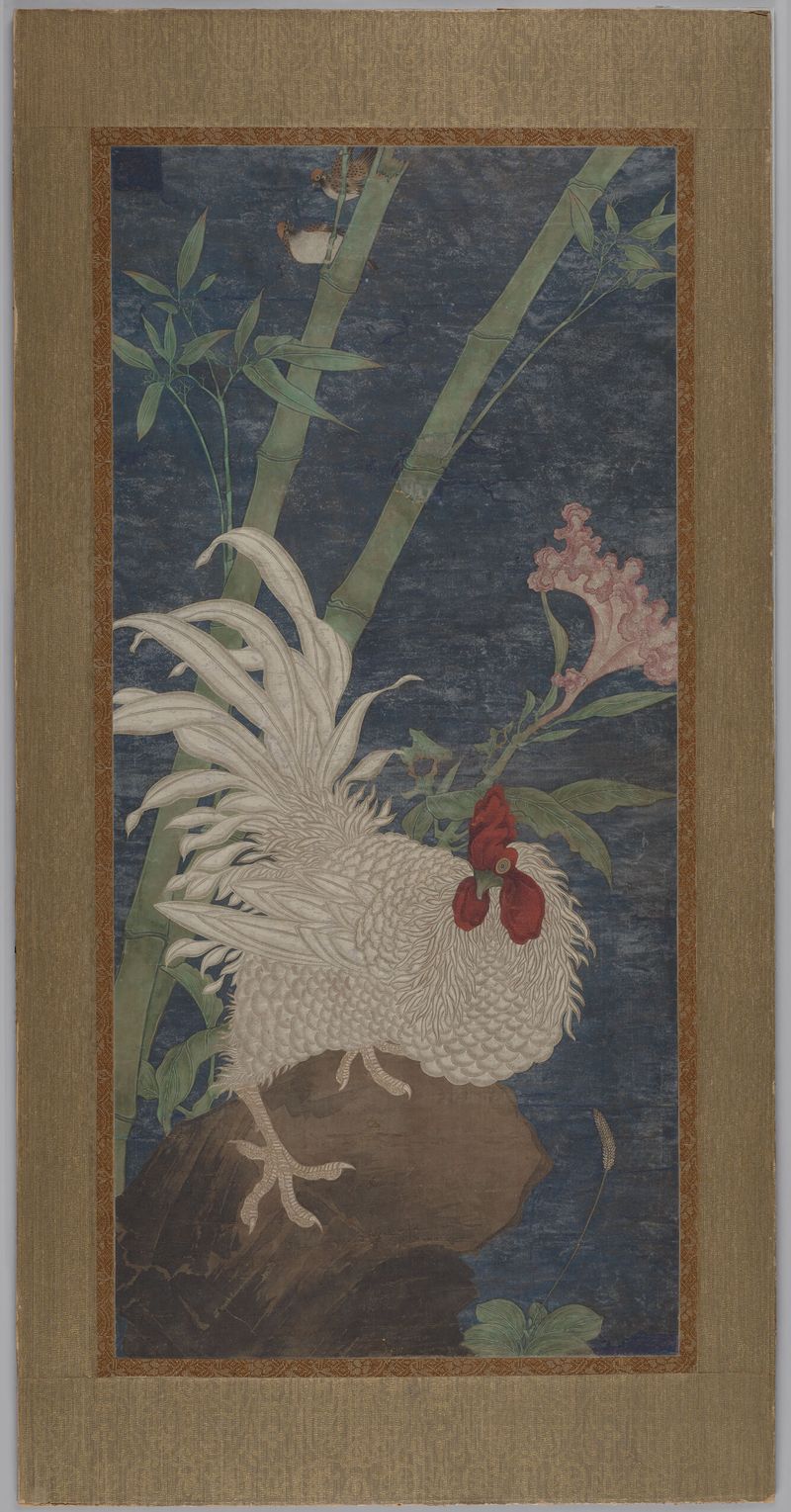 Pintura Auspiciosa de Galo entre o Bambu, seda, artista desconhecido