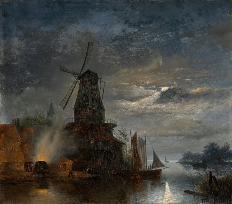 Paisagem com um moinho e um rio de Johan Barthold Jongkind, pintura a óleo