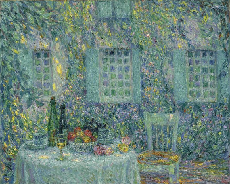 Interior scene with a table under sunlight, oil painting by Henri Le Sidaner