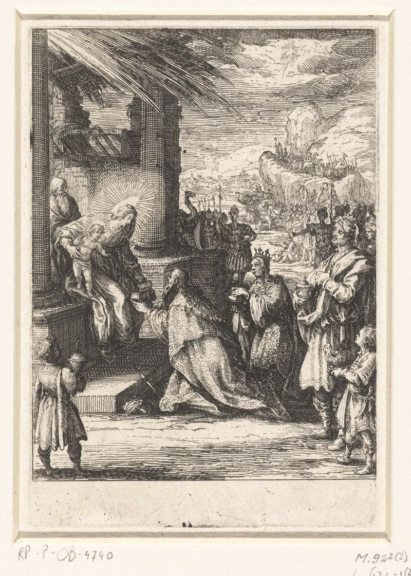 Etching by Jacques Callot depicting three kings in homage in a religious scene