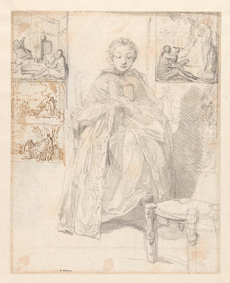 Figurative drawing of a woman reading with sketches by Gabriel Jacques de Saint-Aubin