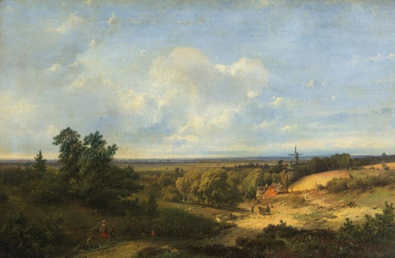 Extensive landscape with a windmill in the distance, oil painting by Pieter Lodewijk Francisco Kluyver