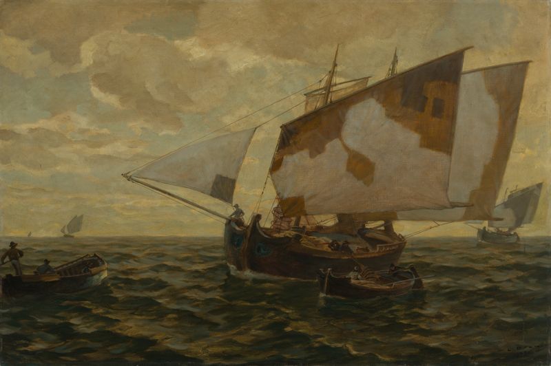 Marine scene with a boat on the sea by Ludwig Dill, oil painting