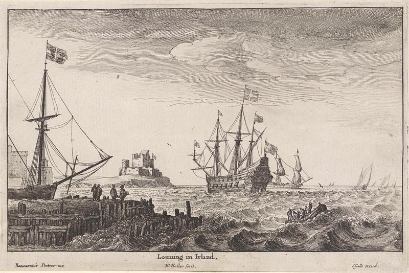Grabado de Wenceslaus Hollar que muestra barcos navegando cerca de la costa de Irlanda