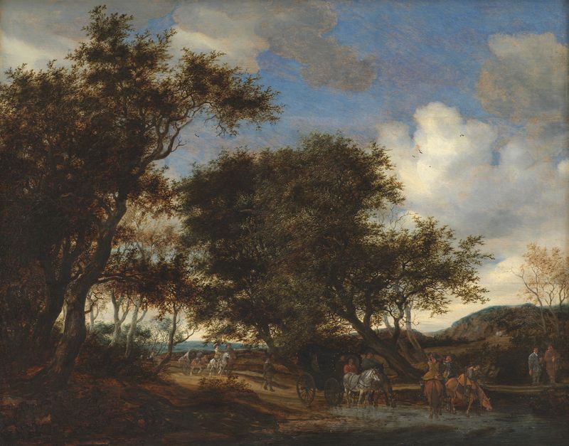Landscape with Travellers Watering their Horses, óleo sobre lienzo de Jacob Salomonsz. van Ruysdael