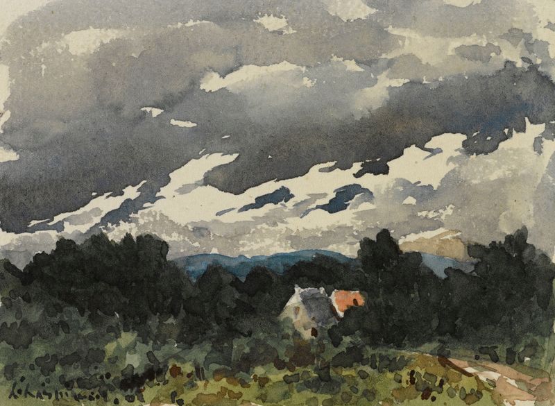 Landscape oil painting by Henri-Joseph Harpignies featuring a twilight sky with colorful clouds.