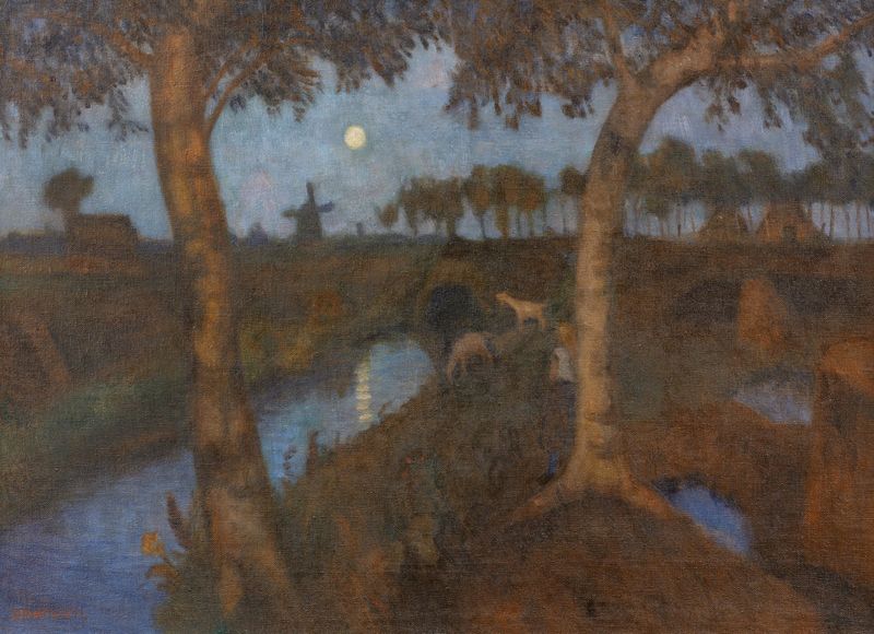 Pintura a óleo de Otto Modersohn retratando um brejo ao luar com flores vibrantes