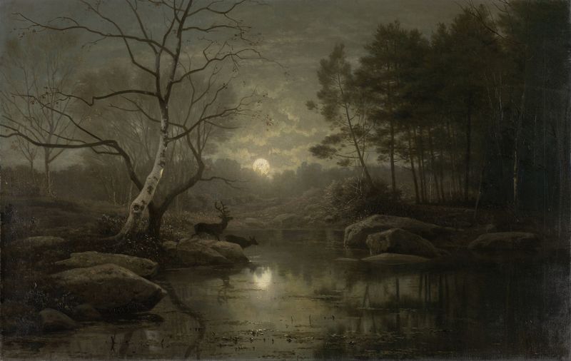 Forest landscape illuminated by moonlight, oil painting by Georg Eduard Otto Saal