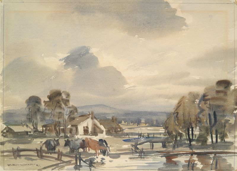 Landscape with Cows de Norman Alfred William Lindsay, pintura al óleo que muestra vacas en un prado verde.