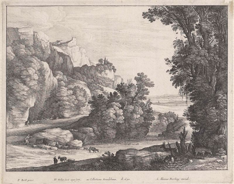 Landschap met drinkend vee, gravura de Wenceslaus Hollar mostrando gado pastando ao lado de um riacho