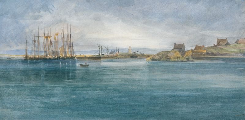 Marine scene of Holyhead cliffs and turbulent sea, watercolor by Rev. James Bulwer