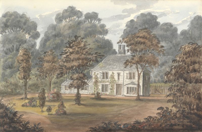 Grove Cottage, Wanstead de Anne Rushout, pintura a óleo que retrata uma cabana serena na natureza.