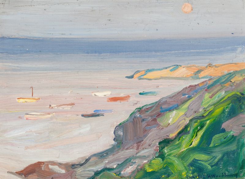 Marine scene with sunlight on a cove by Charles Herbert Woodbury, oil painting