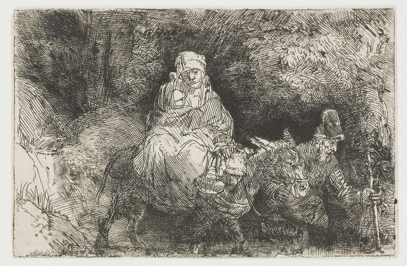 Gravura de Rembrandt van Rijn mostrando a Virgem e o Menino com um burro atravessando um vau.