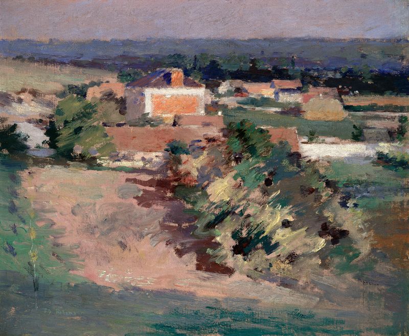 The Red House by Theodore Robinson, oil painting of a vibrant red house in a lush landscape.