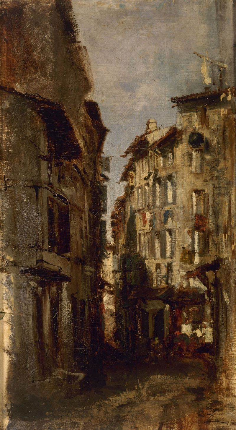 Vieilles maisons de Félix Ziem, óleo sobre tela, mostra casas antigas iluminadas pela luz do sol.